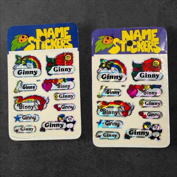 2 Vintage 80s Holographic Name Stickers Ginny Foil Sticker Sheets NIP Virginia - Picture 2 of 6
